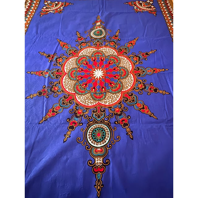 Vintage Super Java Net 6-Yard Cotton Fabric – Cobalt Blue Ornate Medallion Border Print, Thailand For Sale - Image 4 of 9