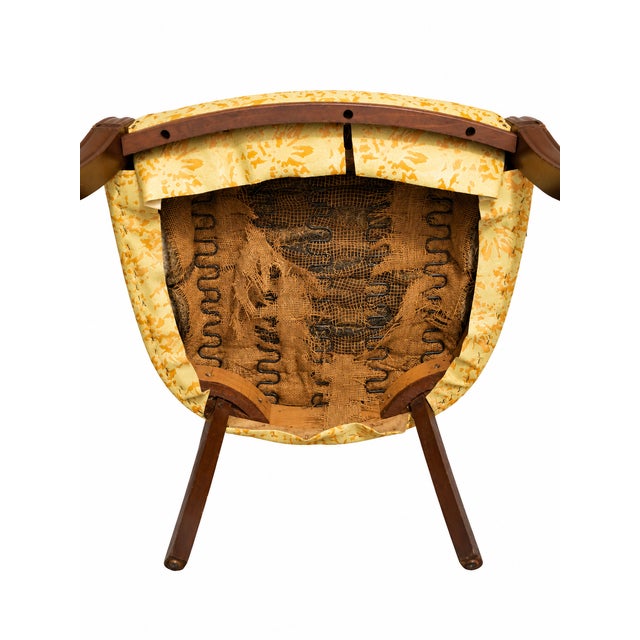 Mid 20th Century Vintage Wingback Lounge Chair With Solid Wood Frame & Yellow Damask Upholstery For Sale - Image 5 of 9
