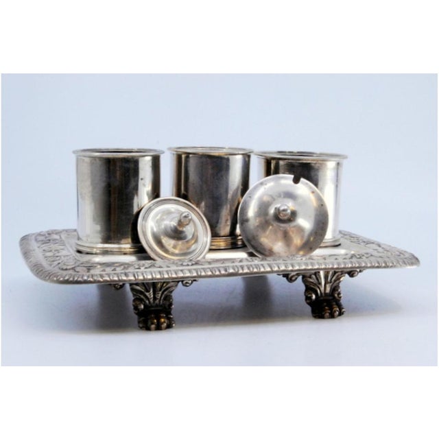 Silver Inkwell with Three Containers and Chiseled Tray on Support with Four Zoomorphic Feet For Sale - Image 5 of 9