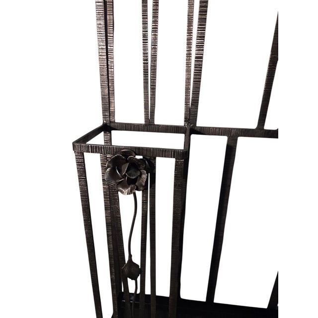 Metal 1920s Original French Art Deco Hammered Iron Halltree, Coat Rack W/ Mirror, Shelf, Rose Trellis For Sale - Image 7 of 18