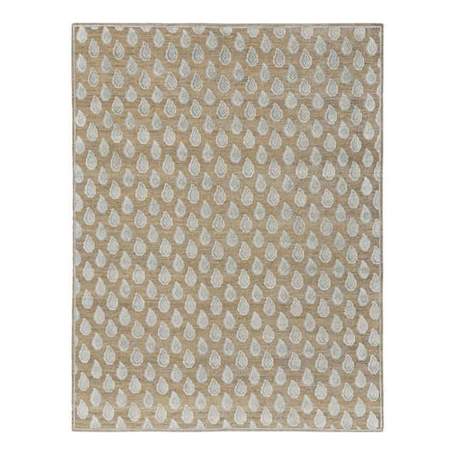 Rug & Kilim’s Modern Block Print Rug in Beige with White and Blue Floral Pattern - 8x10 For Sale