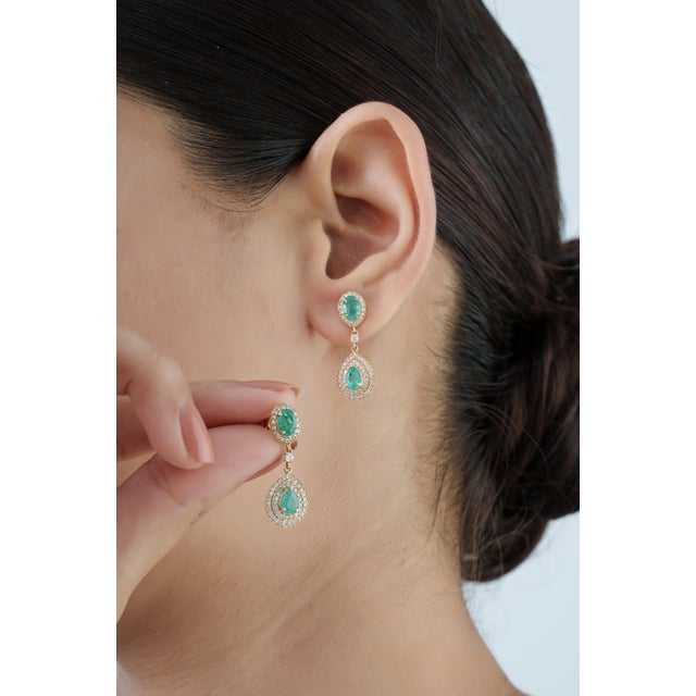 1.68ct Pear-Cut Emerald & Diamond Double Halo Drop Earrings in 14k Yellow Gold- 2 Pieces For Sale - Image 4 of 14