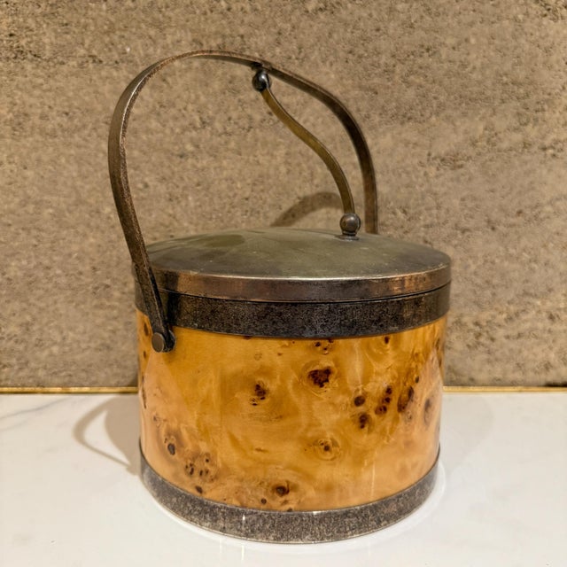 Mid-Century Modern Italian Olive Burl Wood Silver Chrome Ice Bucket Italy For Sale - Image 13 of 14
