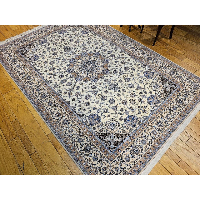 Ivory Vintage Exceptionally Fine Nain Habibian Area Rug, Hand-Knotted Wool & Silk, Floral Pattern, 7x10, Ivory & Blue For Sale - Image 8 of 16