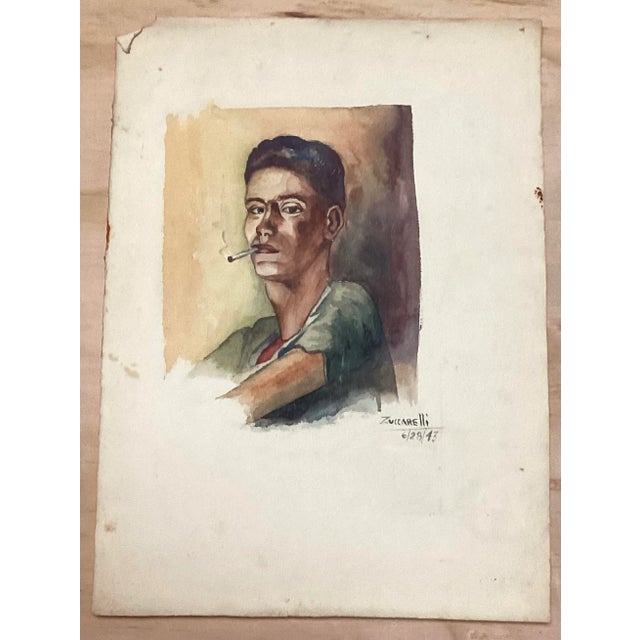 Frank Edward Zuccarelli, watercolor on paper painting of a young man smoking a cigarette. Dated 6/28/43. Image size...