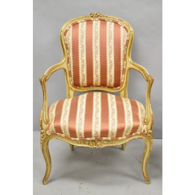 French Antique French Louis XV Style Gold Giltwood Pink Stripe Fauteuil Arm Chair, Pair For Sale - Image 3 of 18