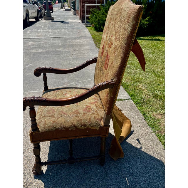 Late 19th Century Victorian Carved Wood Distressed Needlepoint Armchair Tall Back Throne Chair For Sale - Image 4 of 12