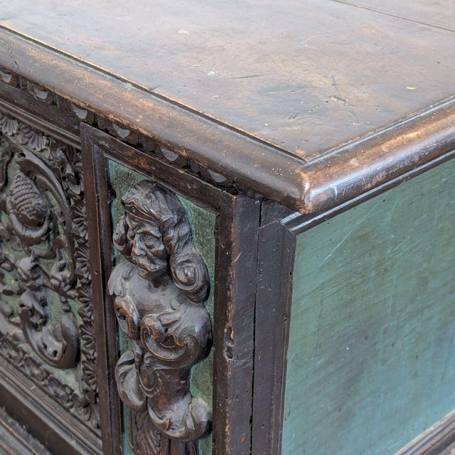Brown Antique Wooden Trunk With Ornate Carved Details and Hinged Lid For Sale - Image 8 of 10