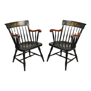 Mid 20th Century Vintage Nichols & Stone Black Harvest Stencil Hitchcock Style Armchairs - Pair For Sale