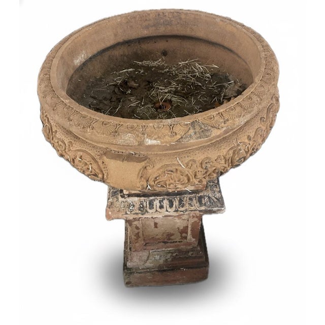 Vintage Neoclassical Terracotta Tazza Urn on Pedestal For Sale - Image 4 of 8