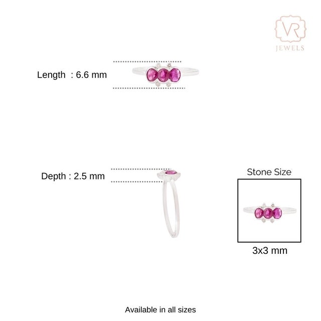 Natural Ruby & Diamond Three Stone Stackable Bezel Band Size 5 in 14k White Gold For Sale - Image 9 of 13