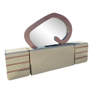 Early 1980s Postmodern Queen Cancun Formica Bed Headboard With Cassette Player and Nightstands For Sale