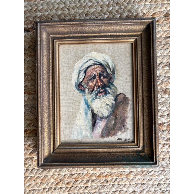 1974 Oil Portrait Painting of Elderly Man in Turban Signed “Ali•sh” Original Vintage Framed For Sale - Image 9 of 9