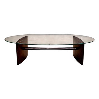 Joaquim Tenreiro Rosewood & Crystal Coffee Table — Elliptical Form, Brazil, 1960s For Sale