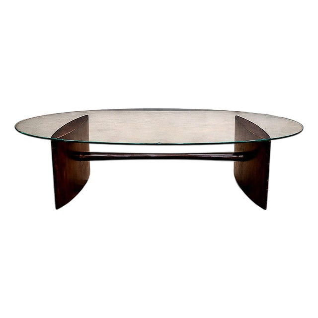 Joaquim Tenreiro Rosewood & Crystal Coffee Table — Elliptical Form, Brazil, 1960s For Sale