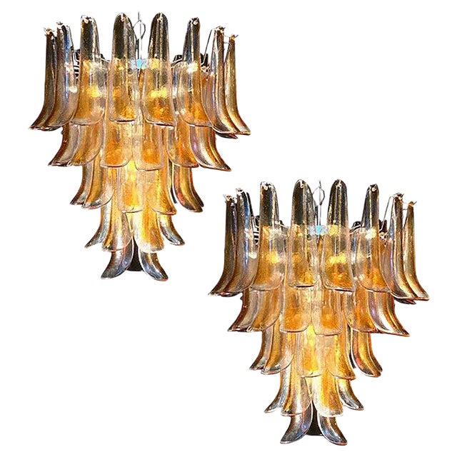 Large Vintage Italian Murano Chandelier with Amber Glass Petals, 1970s For Sale