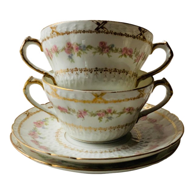 Pair of Antique French Limoges Hand-Painted Soup Bowls With Underliners - Paris Brocante Find For Sale