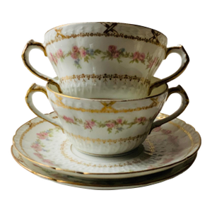 Pair of Antique French Limoges Hand-Painted Soup Bowls With Underliners - Paris Brocante Find
