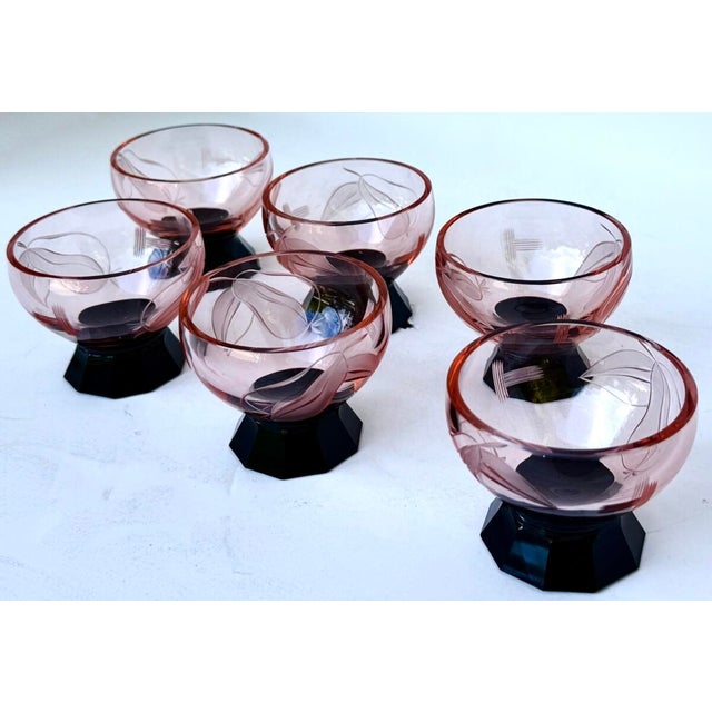 Glass 1930s Set of Art Deco Pink & Black Crystal Decanter & (6) Glasses. Czechoslovakia; Circa 1930 - Set of 7 For Sale - Image 7 of 8