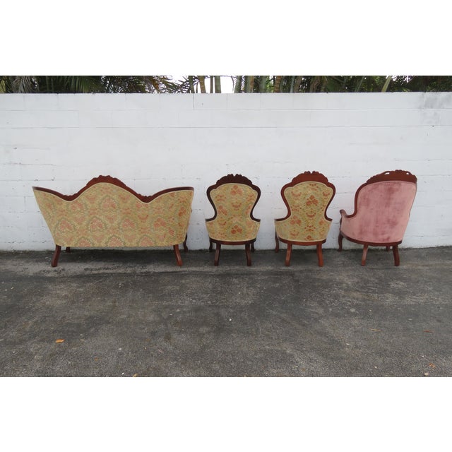 Victorian Kimball Carved Mahogany Sofa and 3 Chairs Set of Four 6220 For Sale In Miami - Image 6 of 18