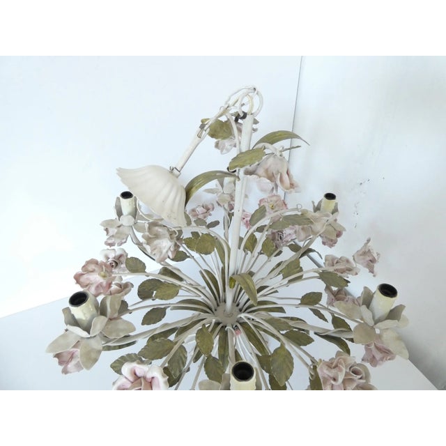French Vintage Tole Porcelain Rose Chandelier For Sale - Image 4 of 9