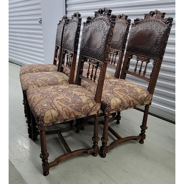 19th Century Belgian Baroque Carved Walnut and Leather Dining Chairs - Set of 6 For Sale - Image 4 of 12