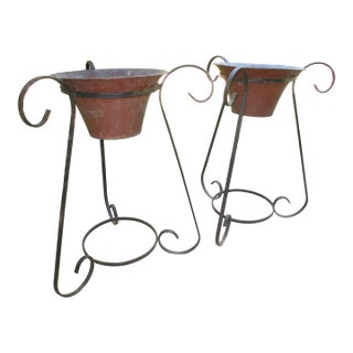Antique French Wrought Iron & Copper Pots Patinated Jardinières Planters-Pair For Sale
