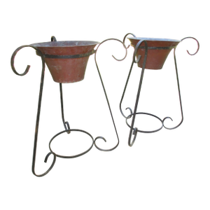Antique French Wrought Iron & Copper Pots Patinated Jardinières Planters-Pair