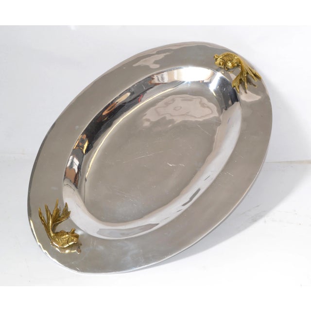 Art Deco Oval Serving Tray Platter Bronze Fish Handles and Chrome Finish Art Deco Style For Sale - Image 3 of 13
