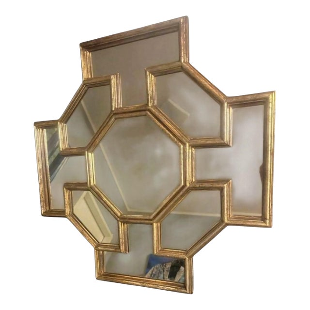 Hollywood Regency Geometric Giltwood Wall Mirror, Octagonal Honeycomb Design, 1970s. For Sale