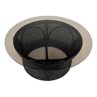 Round Coffee Table in Black Lacquered Wicker and Smoked Glass, 1970s For Sale