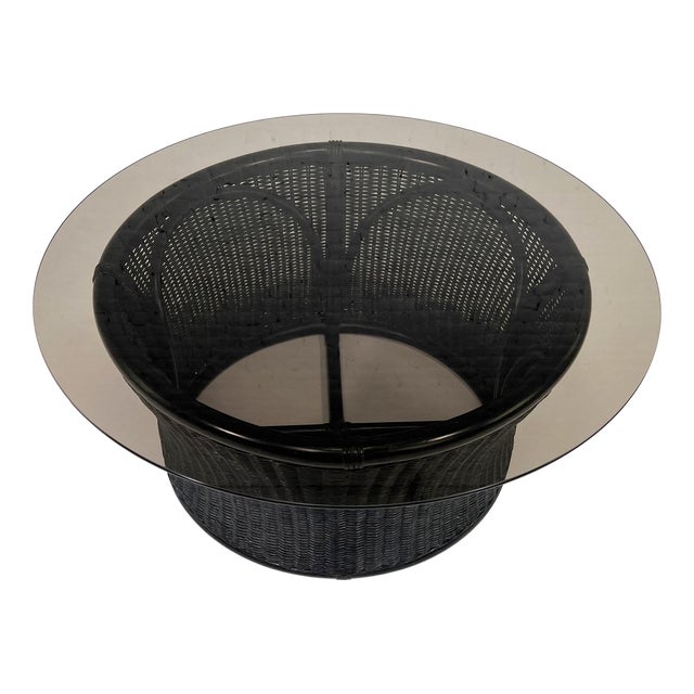 Round Coffee Table in Black Lacquered Wicker and Smoked Glass, 1970s For Sale