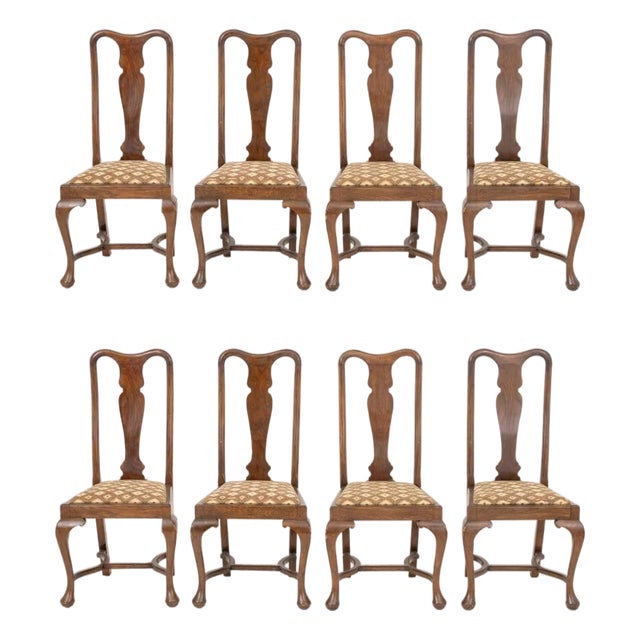 Queen Anne Style Walnut Dining Chairs, 8 For Sale