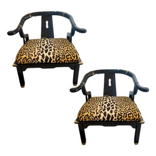 1960s Pair of James Mont Style Chinoiserie Black Lacquer Armchairs in Serengeti Leopard For Sale