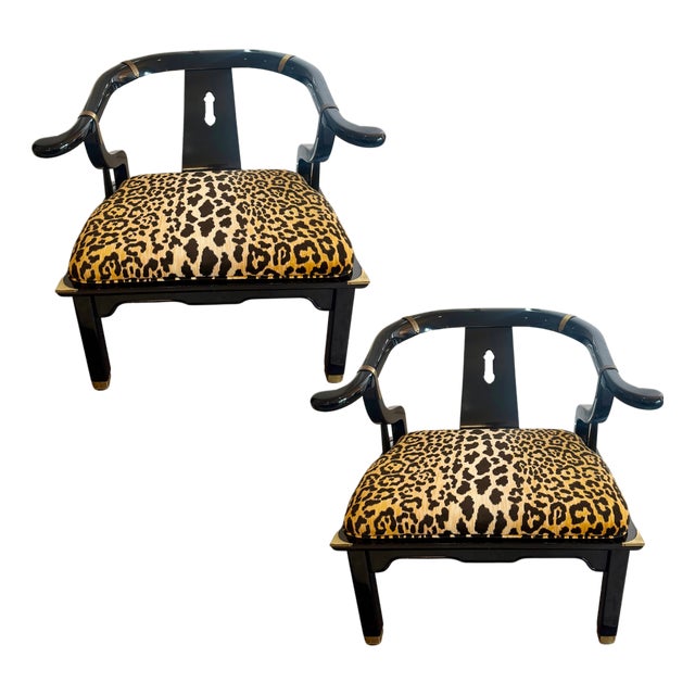 1960s Pair of James Mont Style Chinoiserie Black Lacquer Armchairs in Serengeti Leopard For Sale
