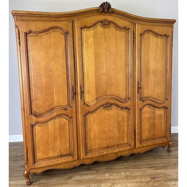 Vintage French Louis XVI Style Carved Oak 3-Door Armoire For Sale - Image 13 of 13