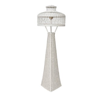 Vintage White Wicker Floor Lamp With Tiered Dome Shade For Sale