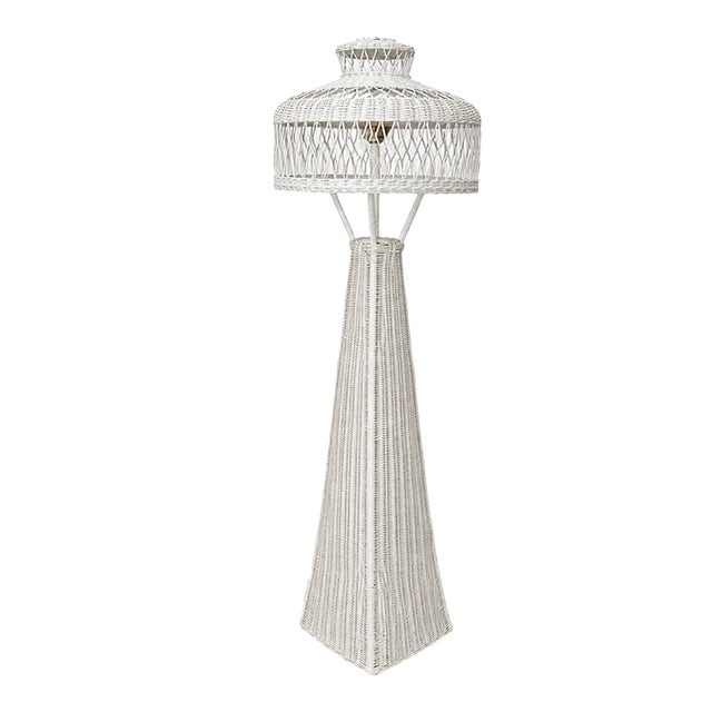 Vintage White Wicker Floor Lamp With Tiered Dome Shade For Sale