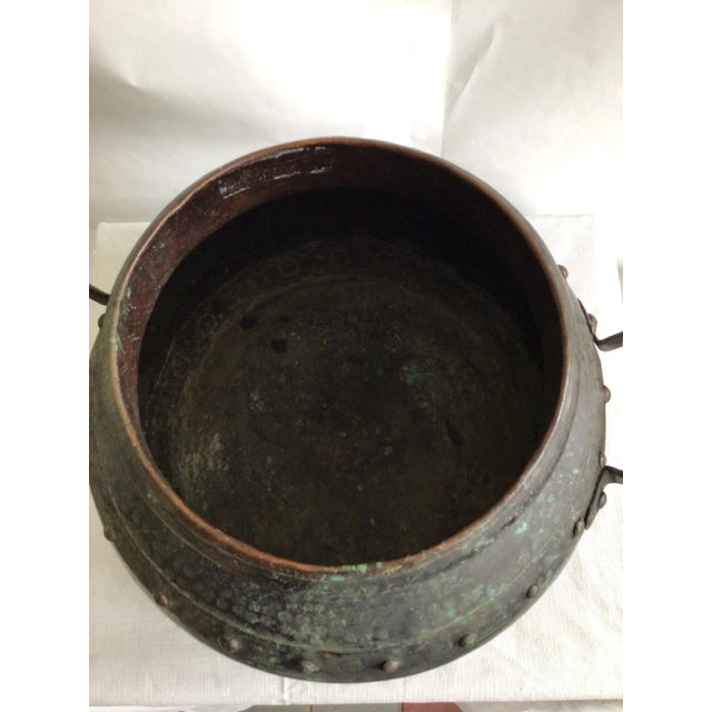 Chocolate 1940s Hand Hammered Studded Patinated Copper Pot With Handles For Sale - Image 8 of 9
