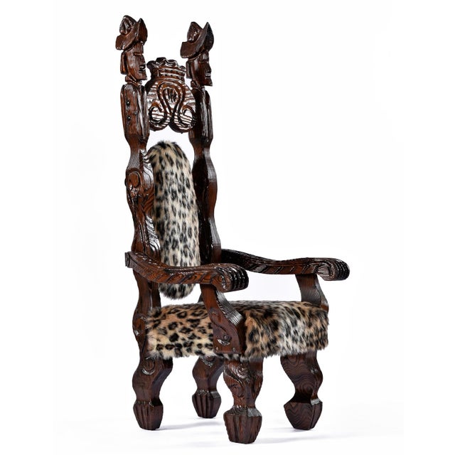 Pair of Restored Witco Conquistador Vintage Tiki Throne Chairs in New Faux Leopard Fur For Sale - Image 10 of 18