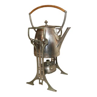 Antique Art Deco Wicker Wrapped Nickel Plate Tea Set Kettle Dispenser Stand Set For Sale