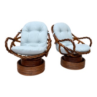 Braided Bamboo Rattan Lounge Chairs Swivel & Rocking, Pair For Sale