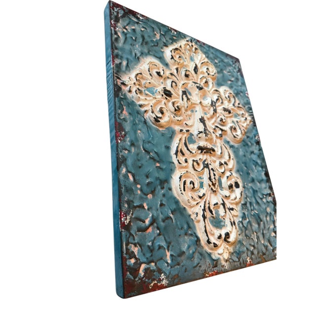 Distressed Teal & Ivory Fleur-De-Lis Metal Wall Art – 14” X 19” For Sale - Image 4 of 10