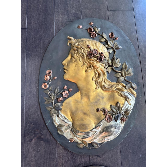 Art Nouveau Mid 20th Century Pair of Oval Art Nouveau Gilt Metal Bas Relief Figure Bust Cameo Wall Plaques 23"x17" For Sale - Image 3 of 10