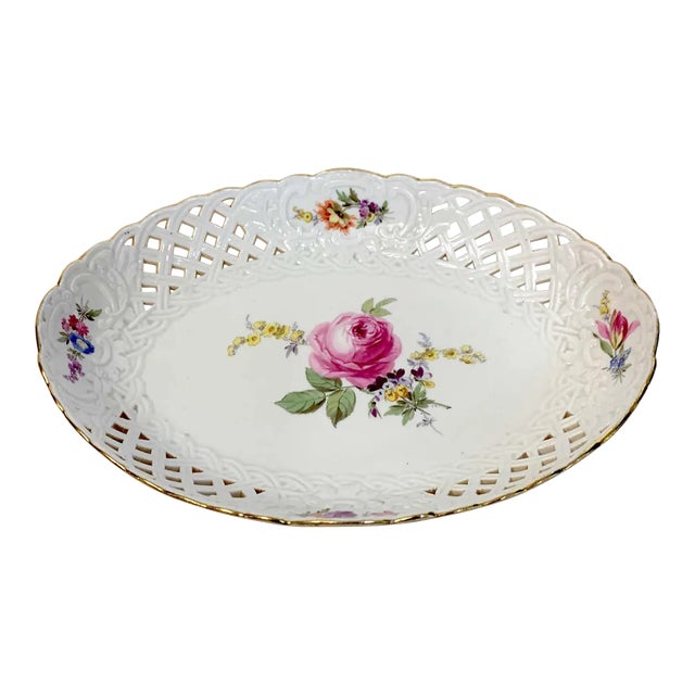 19th Century Meissen Floral Painted Reticulated Oval Basket For Sale