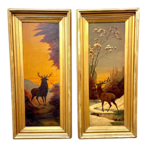 Pair American Sporting Paintings Elk & White-Tailed Deer Buck, Signed A. Crozier