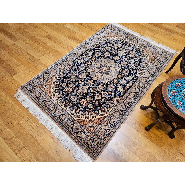 Vintage Persian Nain Area Rug, Hand-Knotted Wool & Silk, Floral Pattern, 4x6, Navy & Ivory For Sale In Chicago - Image 6 of 18
