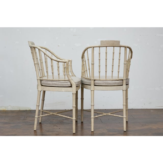 Wood Late 20th Century Baker Furniture Faux Bamboo Accent Chairs with Upholstered Linen Cushions, Pair For Sale - Image 7 of 12