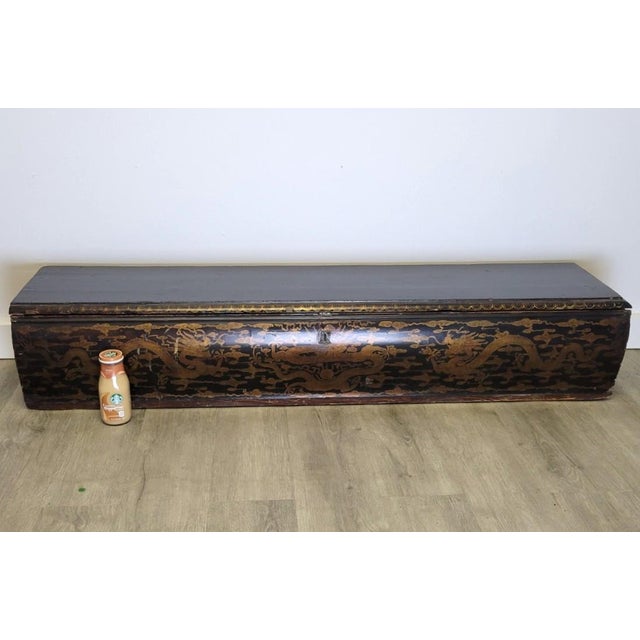Chinoiserie 19th C Chinese Lacquered Gold Dragon Scroll Box, 4 Feet Long For Sale - Image 3 of 15