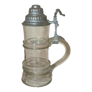 Large Antique 1800s Hand Blown Glass Pewter German Lidded Beer Stein Mug Pitcher
